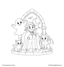 Cartoon Gothic Horror group with a vampire, ghost, gargoyle, and black cat beneath a stone arch and crescent moon.