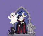 Cartoon Gothic Horror group with a vampire, ghost, gargoyle, and black cat beneath a stone arch and crescent moon.