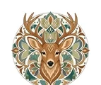 Front-facing deer mandala with tall ears, gentle eyes, a long muzzle, two mirrored antlers, and radial ornaments.