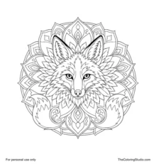Front-facing fox mandala with pointed ears, alert eyes, a tapered muzzle, layered cheek fur, and radial ornaments.