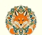 Front-facing fox mandala with pointed ears, alert eyes, a tapered muzzle, layered cheek fur, and radial ornaments.