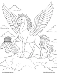 White Pegasus standing on clouds with both feathered wings open and a Greek temple in the distance.