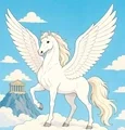 White Pegasus standing on clouds with both feathered wings open and a Greek temple in the distance.