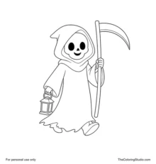Friendly Grim Reaper walking with a curved scythe and small lantern on a white background.