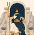 Hades seated on a stone throne holding a two-pronged staff before a dark underworld gate.