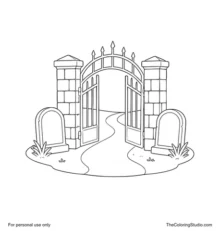 Halloween cemetery gate with two simple gravestones and a curved path on a white background.
