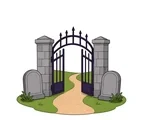 Halloween cemetery gate with two simple gravestones and a curved path on a white background.