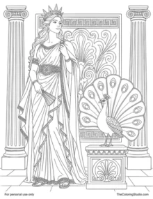 Hera in layered Greek robes beside a peacock with a broad fan tail and temple columns.