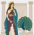 Hera in layered Greek robes beside a peacock with a broad fan tail and temple columns.