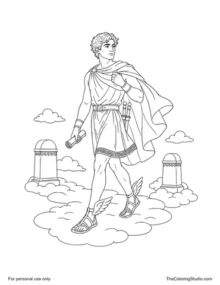 Hermes in a travel cloak wearing winged sandals among clouds and short Greek stone markers.