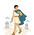 Hermes in a travel cloak wearing winged sandals among clouds and short Greek stone markers.