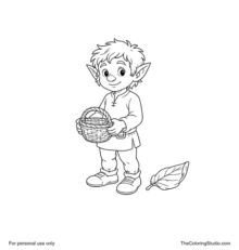Household brownie with pointed ears holding a woven basket beside one large folded leaf.