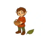 Household brownie with pointed ears holding a woven basket beside one large folded leaf.