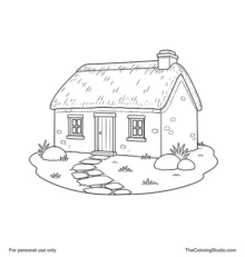 Traditional Irish cottage with white walls, green door, two windows, thatched roof, grass, and a short stone path.