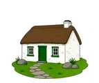 Traditional Irish cottage with white walls, green door, two windows, thatched roof, grass, and a short stone path.