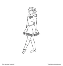 Irish dancer in a green dress performing a lively step with pointed shoes and lifted arms on white.