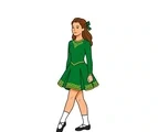 Irish dancer in a green dress performing a lively step with pointed shoes and lifted arms on white.