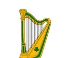 Golden Irish-style harp with evenly spaced strings, green accents, and a small shamrock on the soundbox.