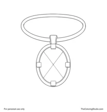 Oval jeweled amulet with a broad brown leather cord and simple gold metal setting.