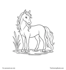 Teal kelpie with a dark green mane standing beside a blue water ripple and two reeds.