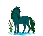 Teal kelpie with a dark green mane standing beside a blue water ripple and two reeds.