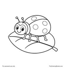 Simple red cartoon ladybug with six legs, large black spots, and two antennae standing on a broad green leaf.