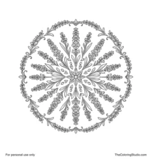 A symmetrical lavender mandala with radial flower sprigs, paired leaves, and a repeating botanical wreath pattern.