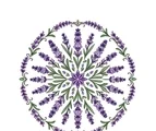 A symmetrical lavender mandala with radial flower sprigs, paired leaves, and a repeating botanical wreath pattern.