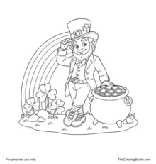 Leprechaun in a green coat standing beside a pot of gold beneath a rainbow with clover leaves and rounded stones.