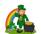 Leprechaun in a green coat standing beside a pot of gold beneath a rainbow with clover leaves and rounded stones.