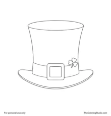 Tall green leprechaun hat with a dark band, gold buckle, and small shamrock tucked into the side on white.
