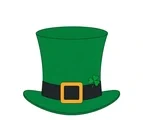 Tall green leprechaun hat with a dark band, gold buckle, and small shamrock tucked into the side on white.