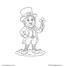 Cheerful leprechaun holding a shamrock, wearing a tall green hat, green coat, striped socks, and buckled shoes.
