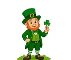 Cheerful leprechaun holding a shamrock, wearing a tall green hat, green coat, striped socks, and buckled shoes.
