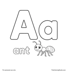 Large yellow uppercase A, smaller turquoise lowercase a, the word ant, and a simple six-legged ant on a white background.