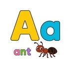 Large yellow uppercase A, smaller turquoise lowercase a, the word ant, and a simple six-legged ant on a white background.