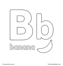 Large green uppercase B, smaller orange lowercase b, the word banana, and one simple banana on a white background.