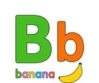 Large green uppercase B, smaller orange lowercase b, the word banana, and one simple banana on a white background.