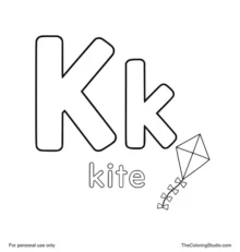 Large uppercase K, smaller lowercase k, the word kite, and a colorful kite clue on a white background.