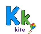Large uppercase K, smaller lowercase k, the word kite, and a colorful kite clue on a white background.