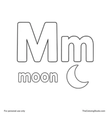 Large uppercase M, smaller lowercase m, the word moon, and a colorful crescent moon clue on a white background.