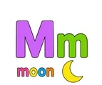 Large uppercase M, smaller lowercase m, the word moon, and a colorful crescent moon clue on a white background.