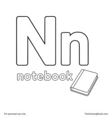 Large uppercase N, smaller lowercase n, the word notebook, and a colorful closed notebook clue on a white background.