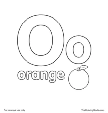 Large uppercase O, smaller lowercase o, the word orange, and a bright whole orange fruit clue on a white background.