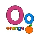 Large uppercase O, smaller lowercase o, the word orange, and a bright whole orange fruit clue on a white background.