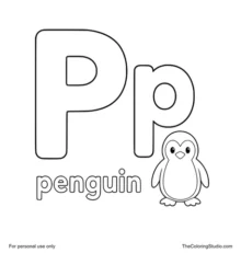 Large uppercase P, smaller lowercase p, the word penguin, and a friendly penguin clue on a white background.