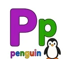 Large uppercase P, smaller lowercase p, the word penguin, and a friendly penguin clue on a white background.