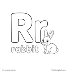 Large uppercase R, smaller lowercase r, the word rabbit, and a friendly rabbit clue on a white background.