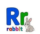 Large uppercase R, smaller lowercase r, the word rabbit, and a friendly rabbit clue on a white background.