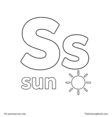 Large uppercase S, smaller lowercase s, the word sun, and a simple bright sun clue on a white background.